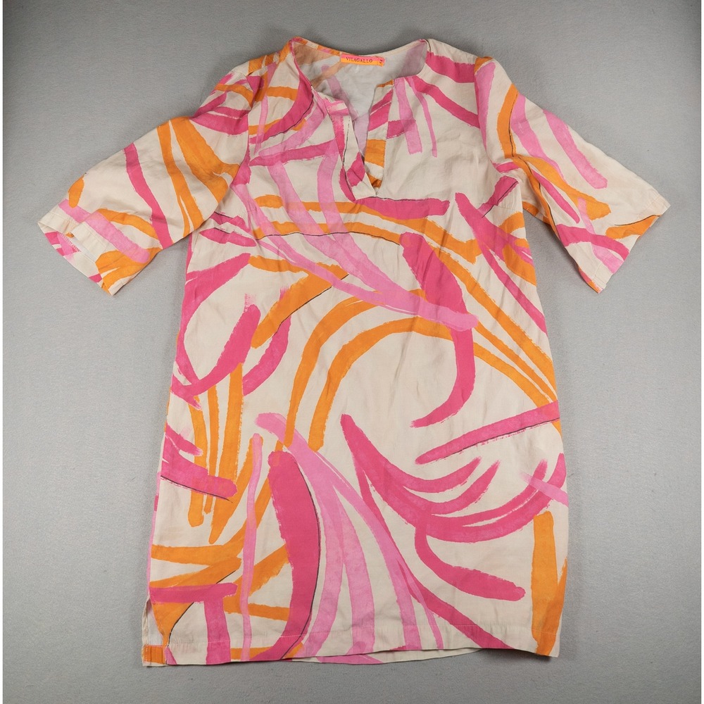 Vilagallo Abstract Brushstroke Split Neck Shift Dress Pink Orange Size 44
